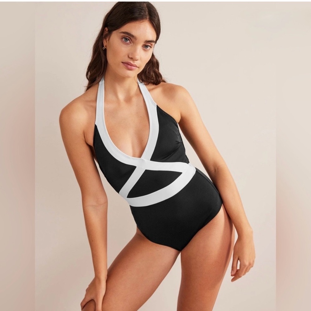 NWT‎ Boden Kefalonia Halterneck Swimsuit Black/White Colourblock US 14 Regular